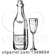 Poster, Art Print Of Black And White Sketched Wine Bottle And Glass