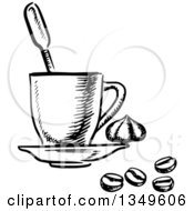 Poster, Art Print Of Black And White Sketched Coffee Cup On A Saucer Beans And Dollop Of Cream