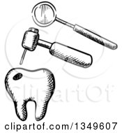 Clipart Of A Black And White Sketched Tooth Dental Drill And Mirror Royalty Free Vector Illustration