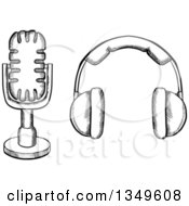 Poster, Art Print Of Black And White Sketched Microphone And Headphones