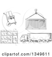 Black And White Sketched Dolly With Boxes Crane Lifting A Cargo Container Big Rig Truck And Warehouse Shelves