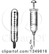 Clipart Of A Black And White Sketched Thermometer And Vaccine Syringe Royalty Free Vector Illustration