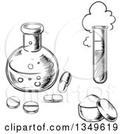 Black And White Sketched Science Laboratory Flask With Pills A Test Tube And Container Of Perfume Or Powder