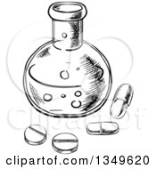 Poster, Art Print Of Black And White Sketched Science Laboratory Flask With Pills