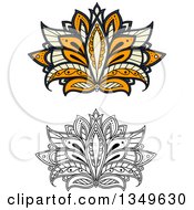 Poster, Art Print Of Beautiful Ornate Orange Pastel Yellow And Blue And Black And White Henna Lotus Flowers