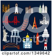 Poster, Art Print Of Flat Design World Landmarks With The Statue Of Liberty Eiffel And Pisa Towers Big Ben Ancient Temples Orthodox Church Usa Capitol Abstract Skyscrapers Lighthouses And Bridges