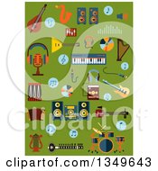 Clipart Of Flat Design Musical Instruments Saxophone Electric Guitar Synthesizer Balalaika Drum Set Harps Accordion Ethnic Stringed Instruments Acoustic System Microphones Headphones Digital Player And Notes On Green Royalty Free Vector Il