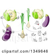 Clipart Of Cartoon Faces Hands Cauliflower Eggplants And Green Onions Royalty Free Vector Illustration