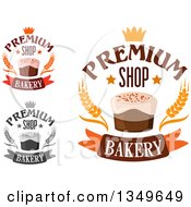 Clipart Of Premium Shop Bakery Designs With Crowns Wheat And Cakes Royalty Free Vector Illustration