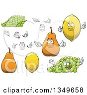 Poster, Art Print Of Cartoon Faces Hands Green Grapes Pears And Lemons