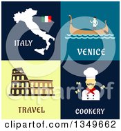 Poster, Art Print Of Flat Design Italy Map Venice Gondola Coliseum And Chef Designs With Text