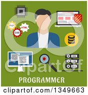 Poster, Art Print Of Flat Design Male Programmer A Laptop With Antivirus Desktop Computer Microchip Data Base And Server Virus Magnifying Glass And Gears With Php Css Html