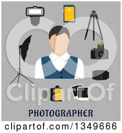 Flat Design Male Photographer Avatar With A Digital Camera Lens Tripod Memory Card Camera Film Instant Films Flash And Lightning Umbrella Over Text On Gray