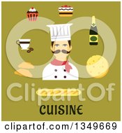 Poster, Art Print Of Flat Design French Chef With Food Icons Over Text On Green