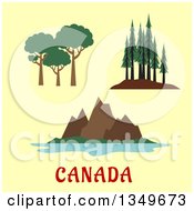 Poster, Art Print Of Flat Design Canadian Nature And Landscape Scenes Over Text On Yellow