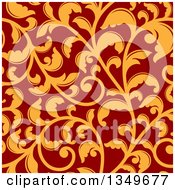 Clipart Of A Seamless Background Pattern Of Orange Vintage Floral Scrolls On Red 2 Royalty Free Vector Illustration by Vector Tradition SM