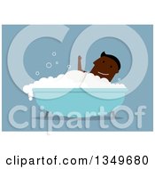Clipart Of A Flat Design Happy Black Man Waving And Taking A Bubble Bath Over Blue Royalty Free Vector Illustration
