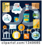 Flat Design Business And Financial Charts With A Desktop Computer Report Financial Graphs Charts Smartphone Letter And Delivery Box Bank Rubber Stamp Calculator Wall Clock Hourglass Printer Percent And Gear