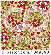 Poster, Art Print Of Seamless Background Pattern Of Doodled Raspberry Blossoms Plants And Berries Over Tan