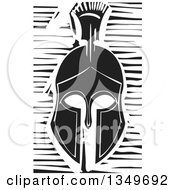 Poster, Art Print Of Black And White Woodcut Spartan Soldier Helmet