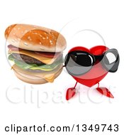 Clipart Of A 3d Heart Character Wearing Sunglasses And Holding Up A Double Cheeseburger Royalty Free Illustration by Julos