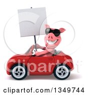 Clipart Of A 3d Pig Wearing Sunglasses Holding A Blank Sign And Driving A Red Convertible Car To The Left Royalty Free Illustration