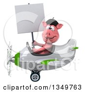 Clipart Of A 3d French Pig Aviator Pilot Holding A Blank Sign And Flying A White And Green Airplane To The Left Royalty Free Illustration