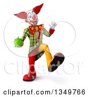 Clipart Of A 3d Funky Clown Holding A Green Apple And Flying Royalty Free Illustration