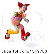 Clipart Of A 3d Funky Clown Holding A Cupcake And Sprinting To The Right Royalty Free Illustration