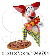Clipart Of A 3d Funky Clown Holding A Pizza Around A Sign Royalty Free Illustration