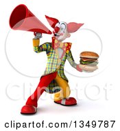 Clipart Of A 3d Funky Clown Holding A Double Cheeseburger And Using A Megaphone Royalty Free Illustration