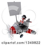 Clipart Of A 3d White And Black Clown Aviator Pilot Wearing Sunglasses Holding A Blank Sign And Flying A Yellow Airplane To The Left Royalty Free Illustration