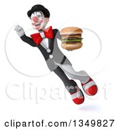 Clipart Of A 3d White And Black Clown Holding A Double Cheeseburger And Flying Royalty Free Illustration