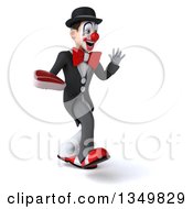 Clipart Of A 3d White And Black Clown Holding A Beef Steak Walking And Waving To The Right Royalty Free Illustration