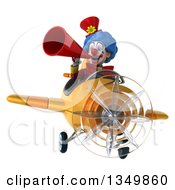 Clipart Of A 3d Colorful Clown Aviator Pilot Using A Megaphone And Flying A Yellow Airplane Royalty Free Illustration