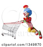 Clipart Of A 3d Colorful Clown Flying With A Shopping Cart Royalty Free Illustration
