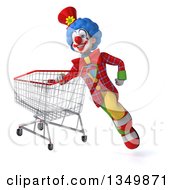 Clipart Of A 3d Colorful Clown Flying With A Shopping Cart Royalty Free Illustration
