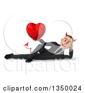 Clipart Of A 3d Young White Devil Businessman Holding A Love Heart And Resting On His Side Royalty Free Illustration