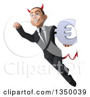 Clipart Of A 3d Young White Devil Businessman Holding A Euro Currency Symbol And Flying Royalty Free Illustration
