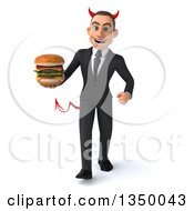 Clipart Of A 3d Young White Devil Businessman Holding A Double Cheeseburger And Walking Royalty Free Illustration