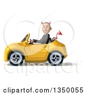 Clipart Of A 3d Young White Devil Businessman Driving A Yellow Convertible Car To The Left Royalty Free Illustration