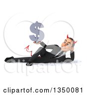 Clipart Of A 3d Young White Devil Businessman Holding A Dollar Currency Symbol And Resting On His Side Royalty Free Illustration