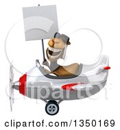 Clipart Of A 3d Arabian Business Camel Aviator Pilot Wearing Sunglasses Holding A Blank Sign And Flying A White And Red Airplane To The Left Royalty Free Illustration