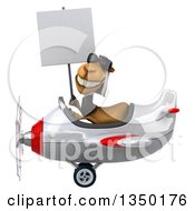 Clipart Of A 3d Arabian Business Camel Aviator Pilot Wearing Sunglasses Holding A Blank Sign And Flying A White And Red Airplane To The Left Royalty Free Illustration