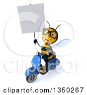 Clipart Of A 3d Bespectacled Male Bee Holding A Blank Sign And Driving A Blue Scooter To The Left Royalty Free Illustration