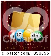 Clipart Of 3d Colorful Bingo Or Lottery Balls With A Blank Gold Tag Over Red Curtains With Stars Royalty Free Vector Illustration
