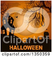 Poster, Art Print Of Silhouetted Gravehard Noose Bare Tree Branches Flying Bats And Haunted House On A Hill Against A Full Moon Over Grungy Halloween Text