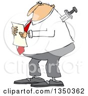 Clipart Of A Cartoon Chubby Caucasian Businessman Reading A Document With A Knife In His Back Royalty Free Vector Illustration