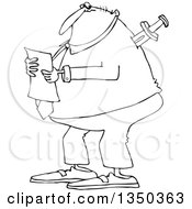 Cartoon Black And White Chubby Businessman Reading A Document With A Knife In His Back
