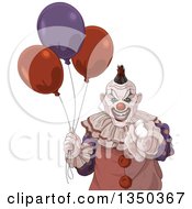 Scary Halloween Clown Pointing At The Viewer And Holding Party Balloons